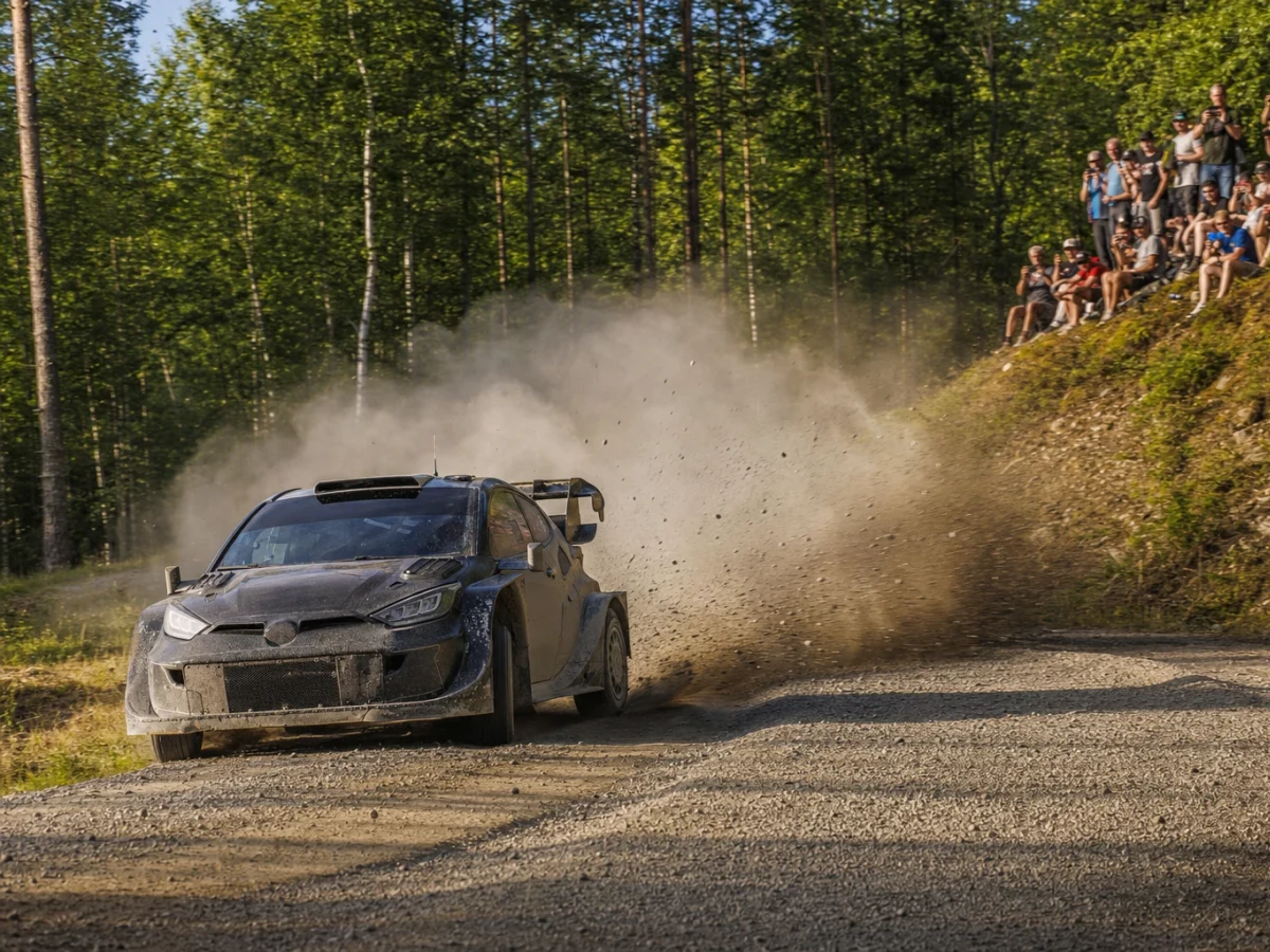 Illustration: rallybil som kastar upp grus och damm genom en kurva på en grusväg i skogen, med åskådare på slänten bakom.